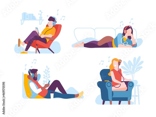 Relaxing music listening. Men and women with headphones lying on sofas and in armchairs. Home rest. People listen calm melodies. Isolated persons set enjoy musical melodies. Vector concept