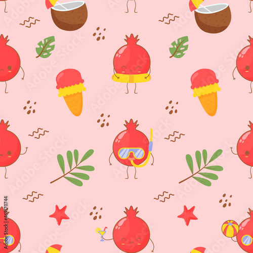 Fototapeta Naklejka Na Ścianę i Meble -  summer pomegranate cute cartoon character pattern