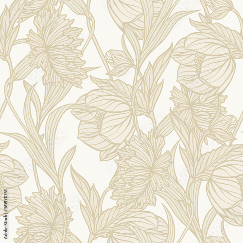 Seamless pattern with floral ornament. Vector flowers poppy, rose and carnation. © polina21