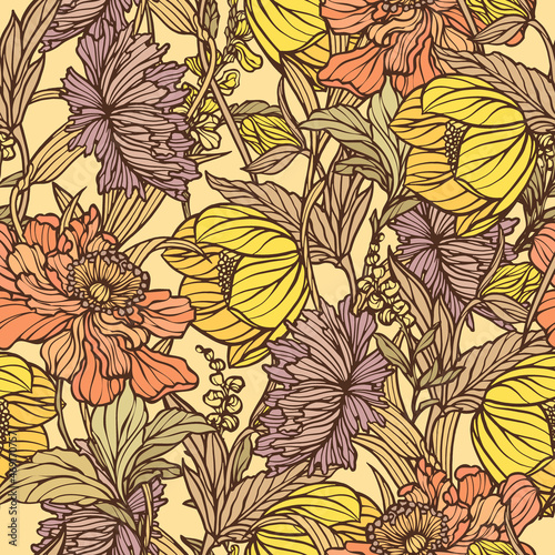 Seamless pattern with floral ornament. Vector flowers poppy  rose and carnation.