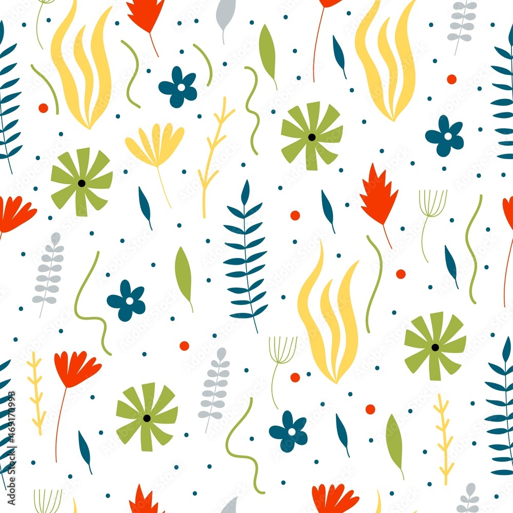 Floral childish seamless pattern with cute flowers and leaves. Creative texture for fabric, wrapping, textile, wallpaper, apparel. 