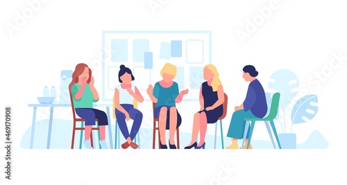 Group therapy. Patients with addictions from specialist session, moral help getting rid problems, psychological support for victims, mental health community, vector isolated concept