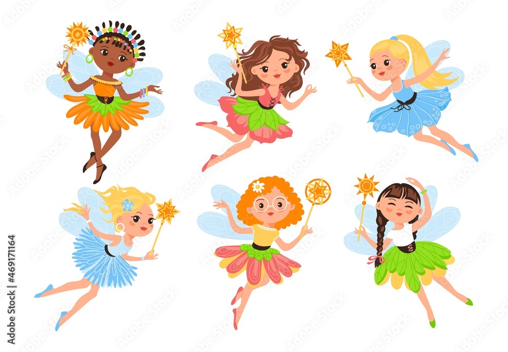 Little fairy. Beautiful girls with wings and magic wands, cute fabulous small characters, young sorceresses in colored dresses, flying fairytale elf kids, vector cartoon flat isolated set Little fairy. Beautiful girls with wings and magic wands, cute fabulous small characters, young sorceresses in colored dresses, flying fairytale elf kids, vector cartoon flat isolated set