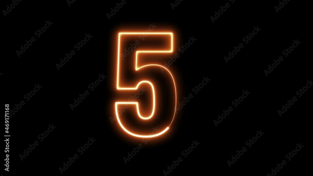 Neon bright glowing electric countdown timer from 10 to 0 seconds. 