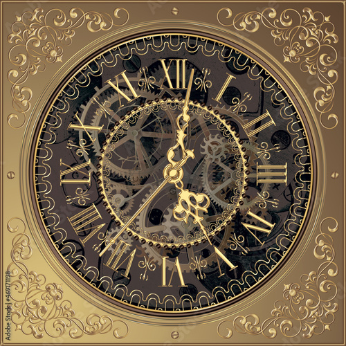 3-D ceiling painting in Classic style, bronze clock face, gold clock hands, ornaments, dark brown clockwork, gold clock gears