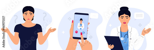 Doctor online. eHealth. Confused woman has cold. The patient makes a video call to the medical worker. Remote appointment. Telemedicine concept.