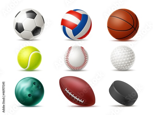 Realistic sports balls. 3D football  tennis  rugby and golf accessories. Basketball  baseball  soccer objects. Different games professional equipment. Vector isolated playing spheres set