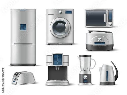 Realistic kitchen appliance. 3D consumer electronics. Metallic grey color washer and refrigerator. Electric kettle and blender. Isolated house coffee maker. Vector household machines set