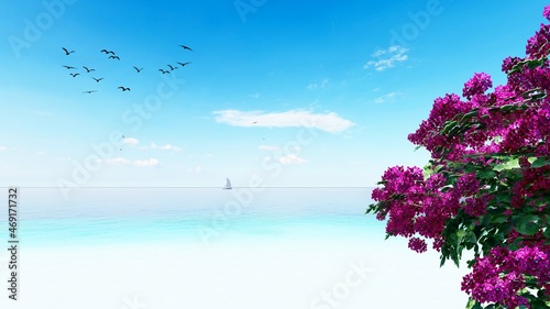 Summer holidays background. Sunny tropical paradise beach with white sand and palms. 