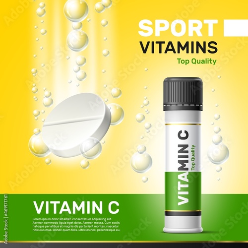 Realistic vitamins poster. Effervescent water soluble tablets. Multivitamins pills packaging. Air bubbles. Decay reaction. Dissolving drug. Vector sport medication advertising banner