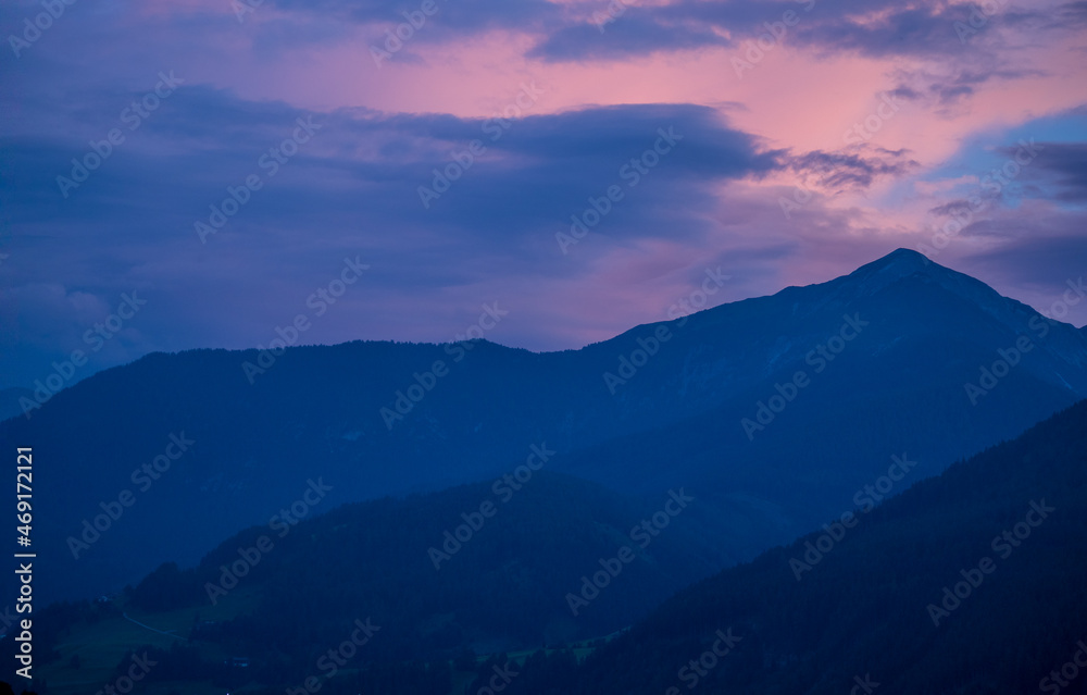 Sunset panorama of the mountains, Austria.