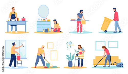 People doing housework. Home cleaning. Persons wash floor or windows. Maids take out trash. Cleaner service. Persons iron laundry and watering flowers. Vector housekeeping activities set © VectorBum