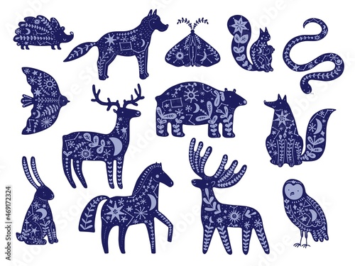Mystic stars animals. Decorated silhouettes creatures, floral elements and constellations, bohemian magical fauna with plant leaves and astrology signs, vector cartoon flat isolated set