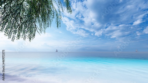 Summer holidays background. Sunny tropical paradise beach with white sand and palms.  