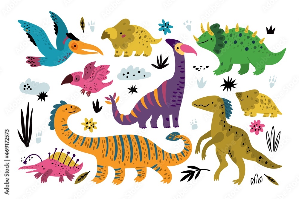 Plakat Cute dinosaurs. Kids style dinos funny prehistoric animals characters, predators and herbivores, birds and reptiles, wildlife fauna, baby decor collection, vector cartoon flat isolated set
