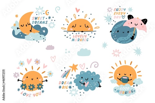 Cute weather emblems. Baby style sky elements, kids labels with inscriptions, weather characters with faces, rainy cloud, funny sun and moon smiling, cartoon stickers, vector isolated set