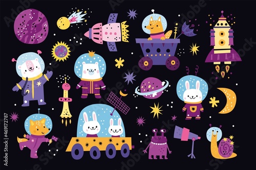 Animals in space. Cute fauna characters in astronauts spacesuits. Planets and stars. Bear and fox flying on spaceship. Hare driving moon rover and rocket. Vector cosmos travelers set