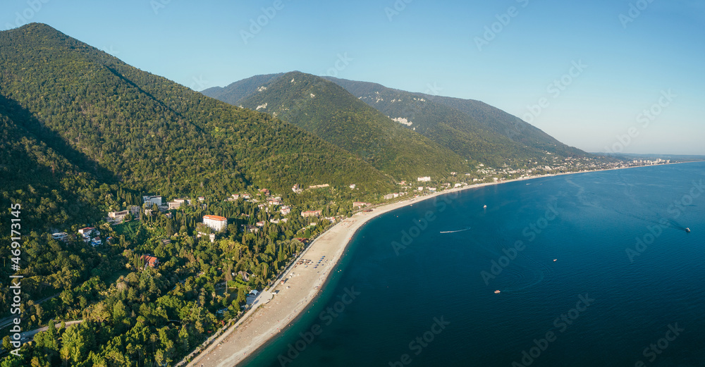 View from above to the beach, mountains and sea. Gagra, Abkhazia 