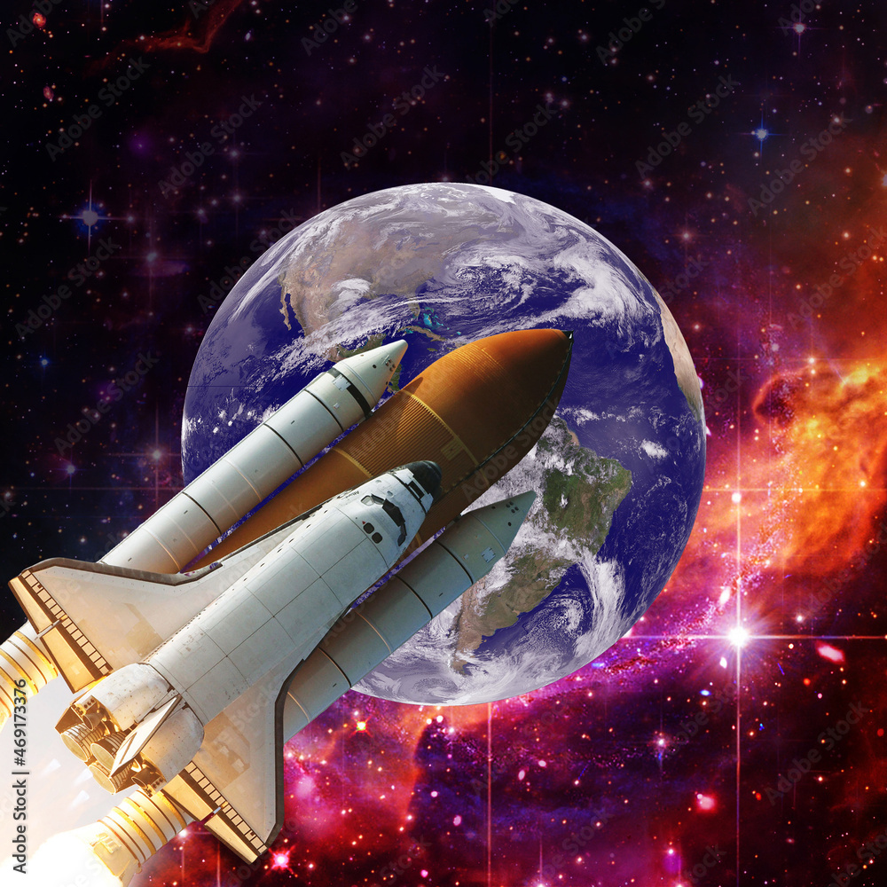 Naklejka premium Earth and rocket in space. The elements of this image furnished by NASA.