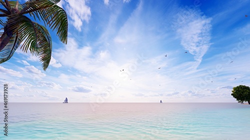 Fototapeta Naklejka Na Ścianę i Meble -  Summer holidays background. Sunny tropical paradise beach with white sand and palms. 
