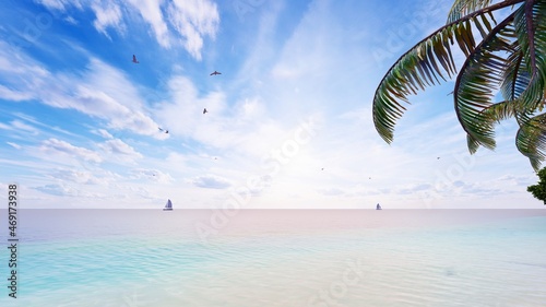 Summer holidays background. Sunny tropical paradise beach with white sand and palms. 