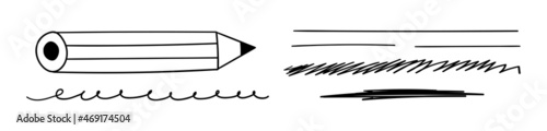 Doodle pencil object. Hand written pencil, curly or straight lines. Hand-drawn vector illustration of scribble highlight or underline isolated on white background.