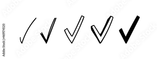 Doodle check marks set. Hand-drawn scribble check marks. Vector illustration of different signs of the right choice, questionnaire, done.