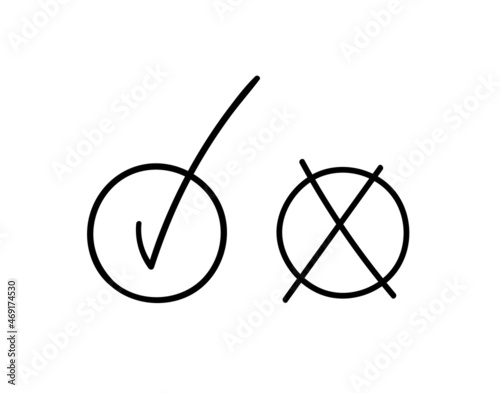 Doodle check marks. Agree or disagree sign. Hand-drawn check mark V and cross X in a circle shape. Vector stock illustration isolated on white background.