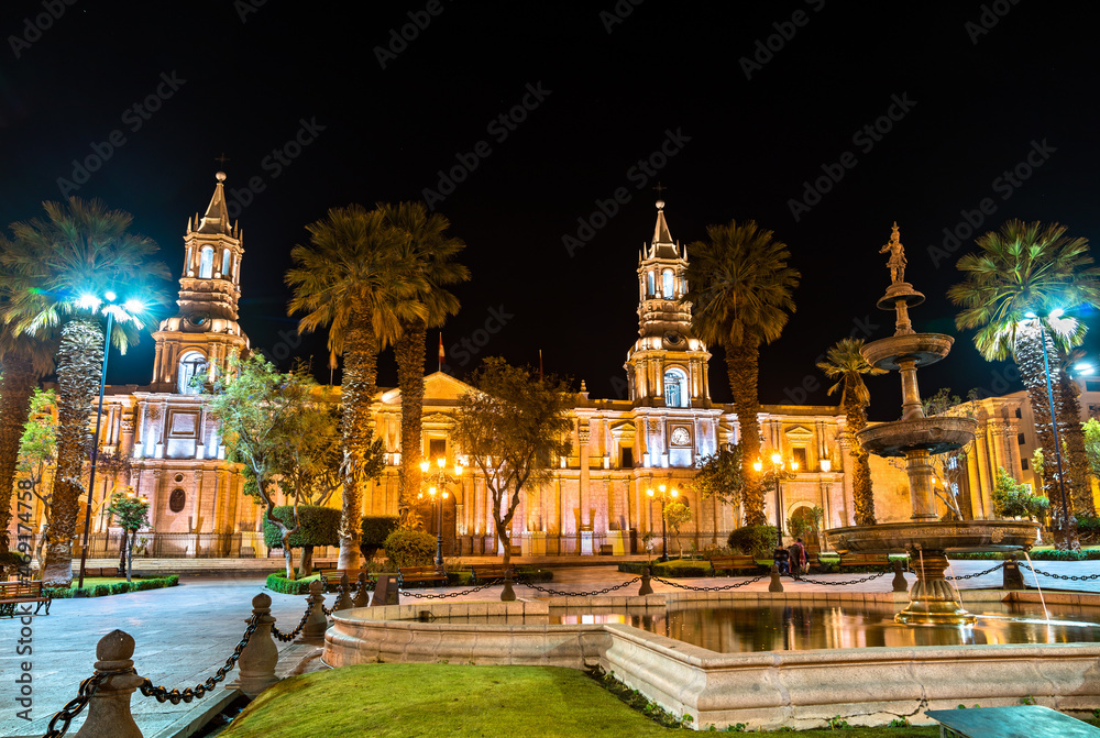 Nocturnal Basilica Cathedral at Plaza De Armas of Arequipa in Peru