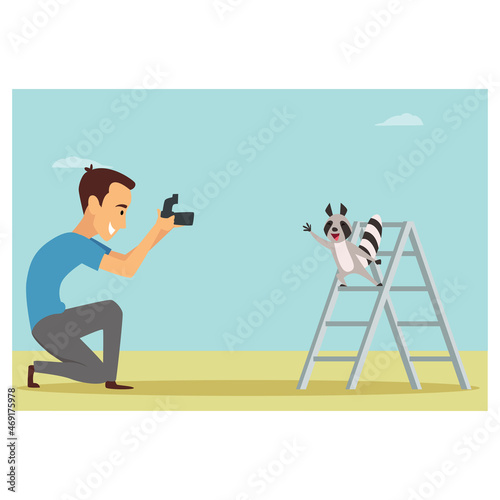 A photographer man taking a photo of his pet animal outdoor. Vector Illustration.