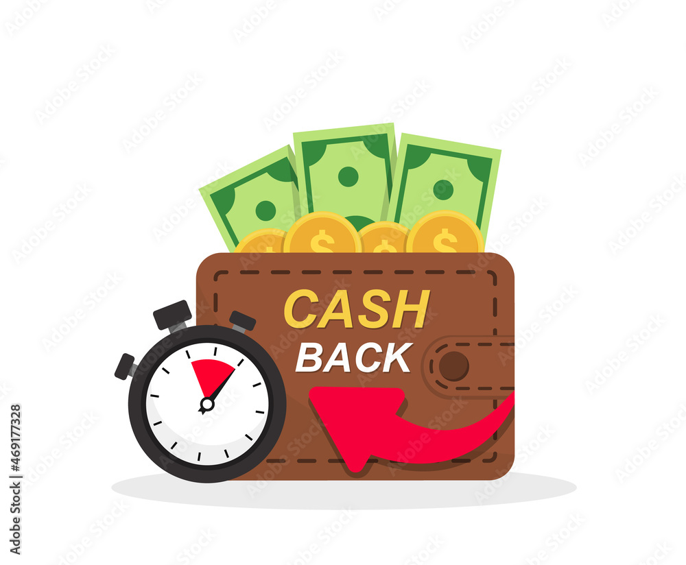 Cash back in wallet. Cashback loyalty program concept. Cashback icon with coins, cash and stopwatch. Concept quick money back. Bonus, cash back icon. Money economy service. Vector