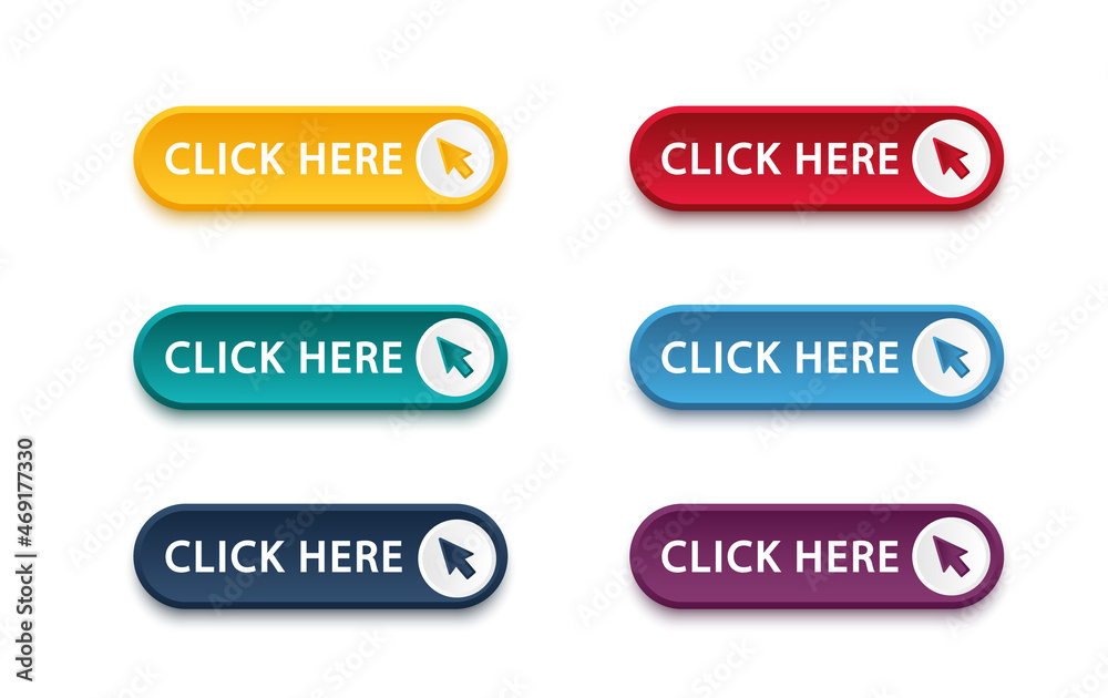 Click here button with arrow pointer clicking icon. Click here vector web button. Web button with action of arrow pointer. Click here, UI button concept. Vector illustration Click here button with arrow pointer clicking icon. Click here vector web button. Web button with action of arrow pointer. Click here, UI button concept. Vector illustration