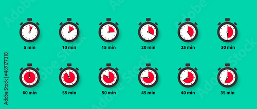 Stopwatch icon set. Timer. Chronometer. Countdown 5 minute to 60 minutes. Label cooking time. Sport clock with red colored time meaning. Vector illustration. EPS 10