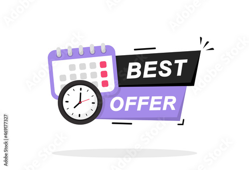 Best Offer icon. Best Offer logo design with time and text. Best Offer, limited sale offer promo stamp. Promo label with best offer and limited time on clock. Vector