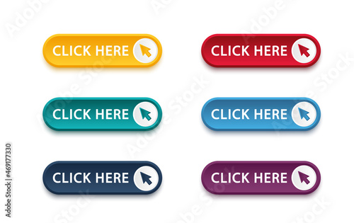 Click here button with arrow pointer clicking icon. Click here vector web button. Web button with action of arrow pointer. Click here, UI button concept. Vector illustration