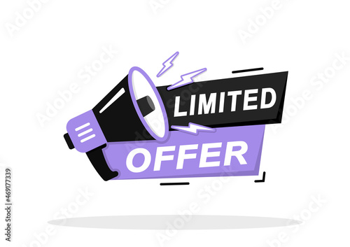 Limited offer icon with megaphone. Modern vector limited offer ribbon banner with loudspeaker. Super promo label with speaker and word. We offer the concept of a sale or an exclusive deal. Vector