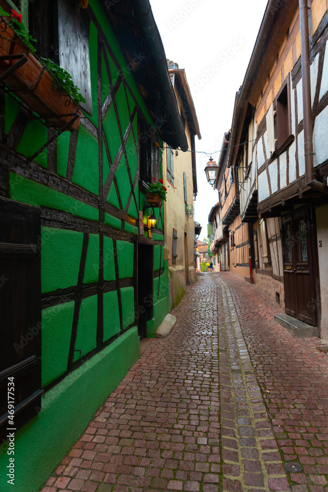 colorfull streetview in the city of Riquewihr , Alsace France