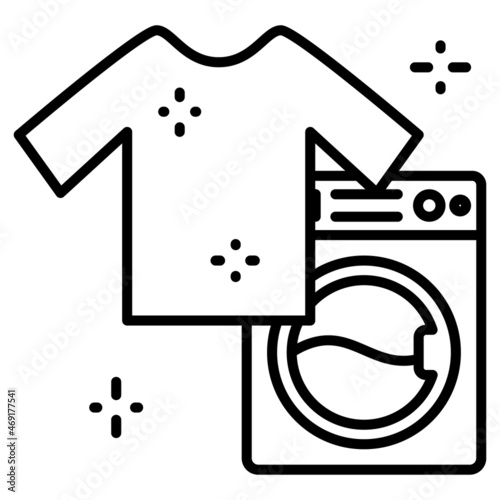 Self-service laundry, laundry and cleaning service. Automatic washing machine and clean T-shirt. Vector icon, outline, isolated.