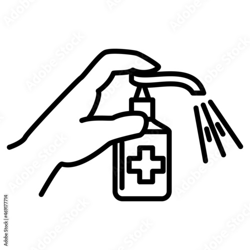 Sanitary treatment, hand disinfection, hygiene. A bottle with an antibacterial agent. Medical dispenser in hand. Vector icon, outline, isolated.