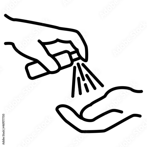 Antibacterial treatment of hands with a disinfectant solution. Vector icon, outline, isolated.