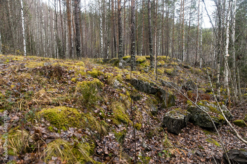 Rocks of extinct ancient paleo-volcano Girvas in Karelia, Russia. photo