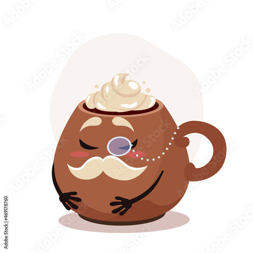 Cartoon coffee cup with whipped cream. Cartoon character old gentleman. Christmas hot drink. Funny vector illustration for sticker pack