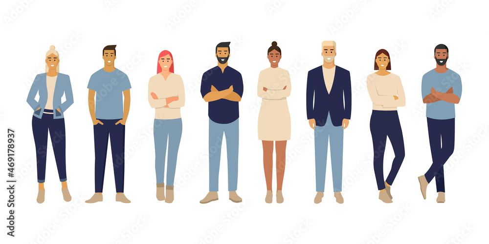 Personas. Hombres y mujeres de pie. Grupo o equipo de trabajo. Diversidad de personas. Ilustración vectorial - obrazy, fototapety, plakaty 