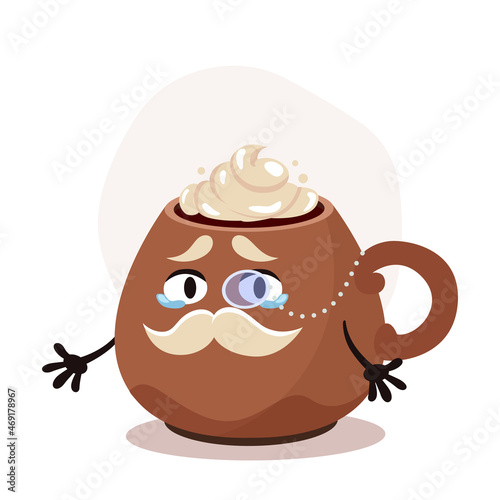 Cartoon coffee cup with whipped cream. Cartoon character old gentleman. Christmas hot drink. Funny vector illustration for sticker pack