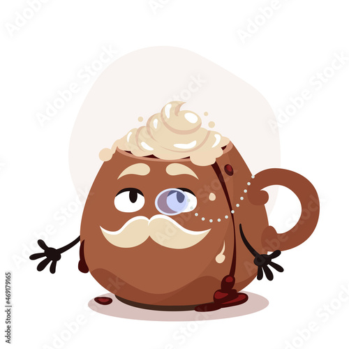 Cartoon coffee cup with whipped cream. Cartoon character old gentleman. Christmas hot drink. Funny vector illustration for sticker pack