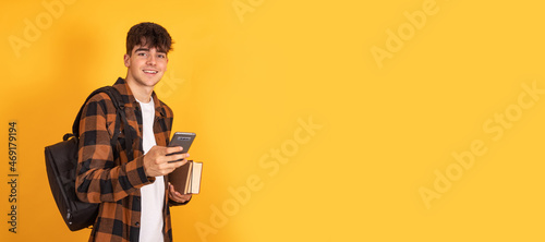 student with mobile phone isolated on background