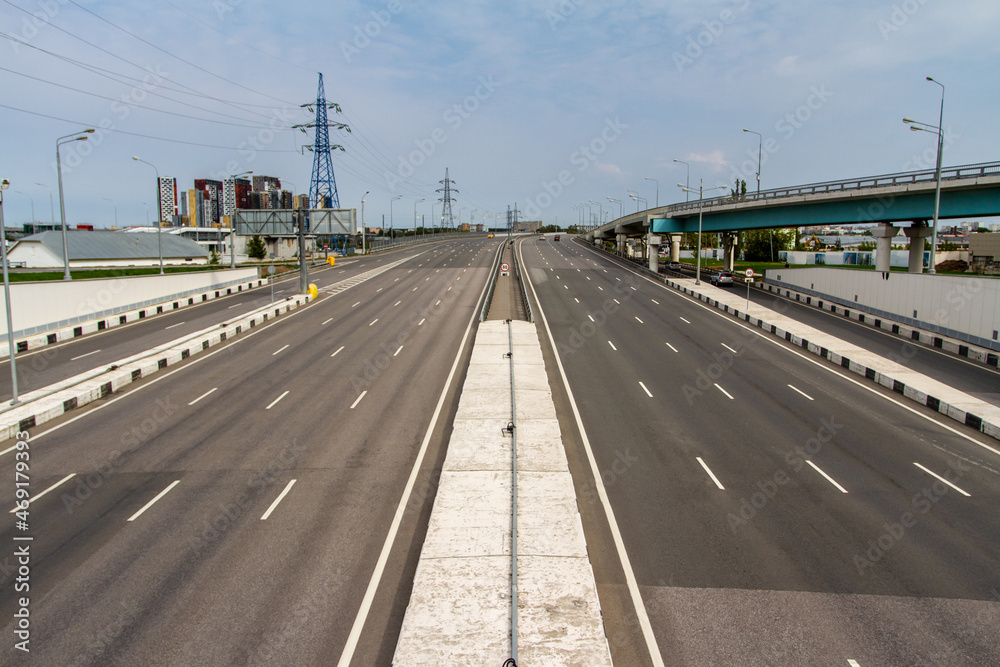 New empty road elevated  in Moscow. The traffic on the highway bridge.