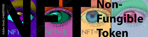 NFT theme design. Non-fungible token sign and contemporary artwork. Vector Illustration