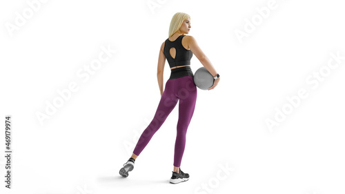 Athletes sexy body in a tight-fitting sportswear. Sporty athletic woman posing on a white background standing back in a half turn and look to the side beautiful figure
