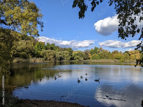 秋の初めの美しい湖